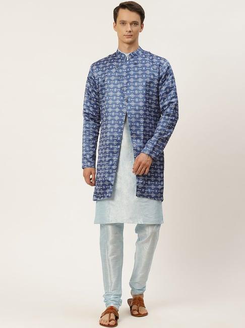 sojanya blue regular fit printed kurta set with jacket