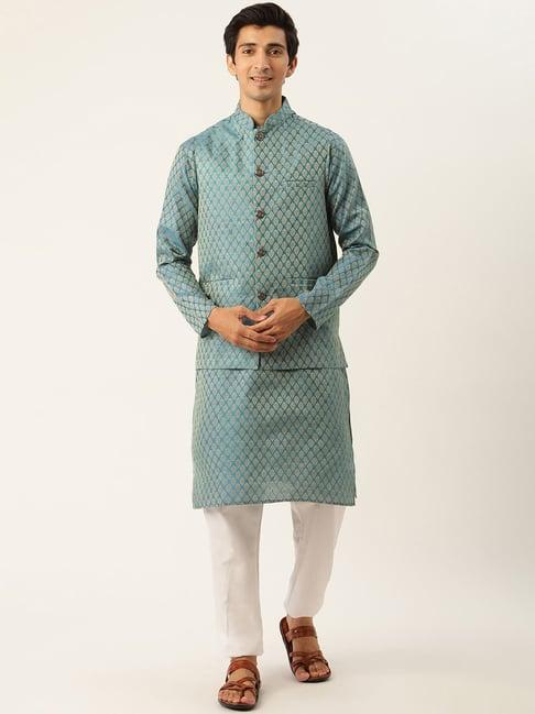 sojanya blue regular fit self pattern kurta set with jacket