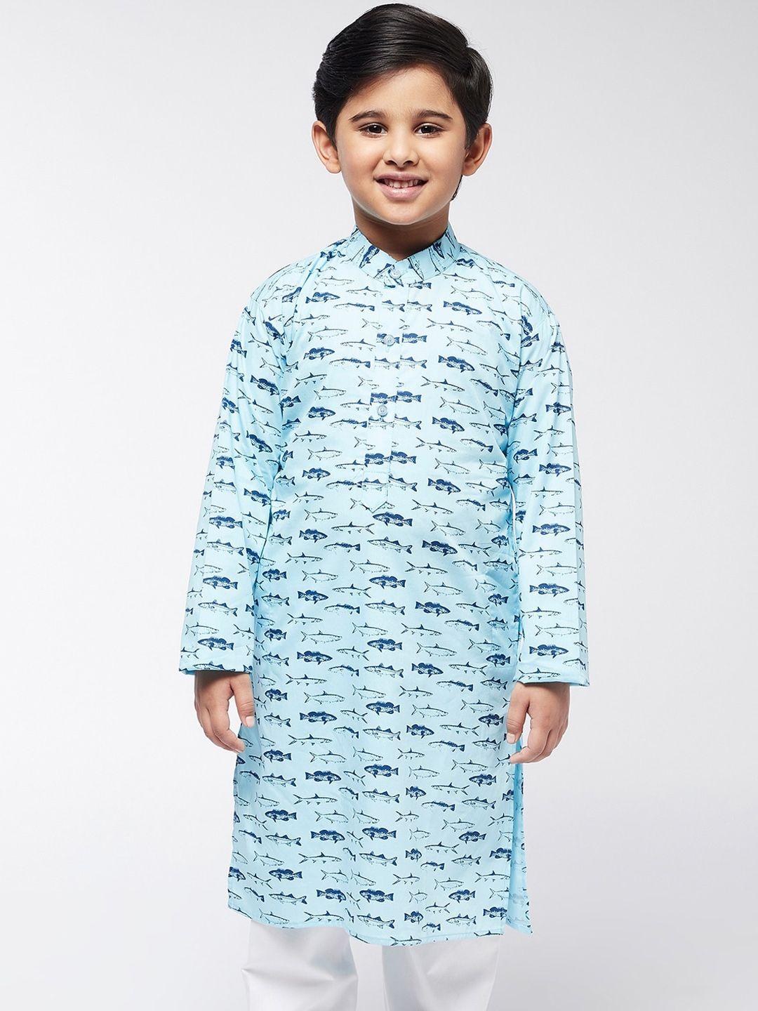 sojanya boys blue & black printed mandarin collar straight kurta