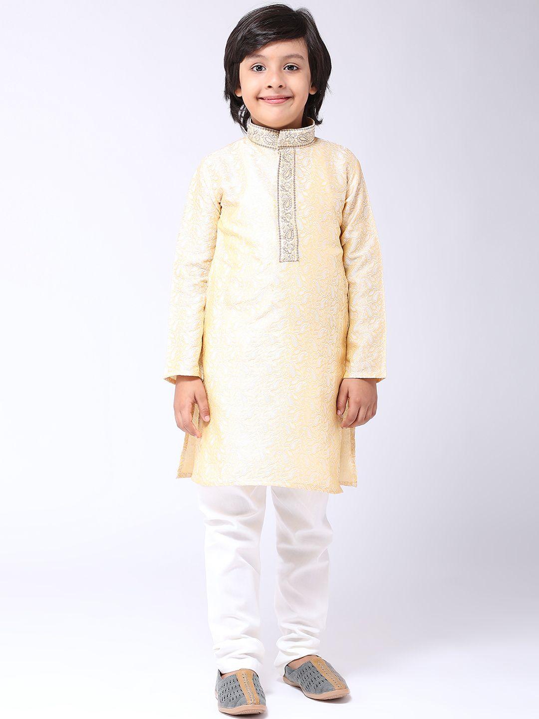sojanya boys golden-coloured & off-white self design kurta with churidar