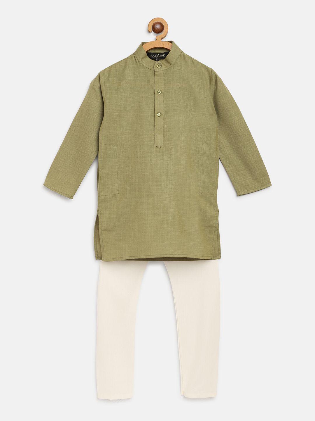 sojanya boys green solid straight kurta with pyjamas