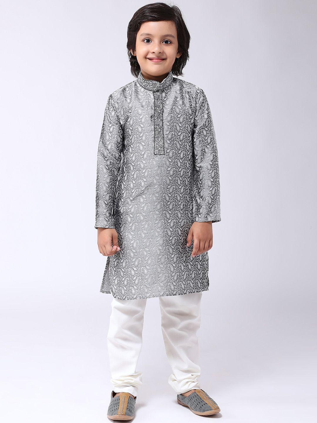 sojanya boys grey & white self design kurta with churidar