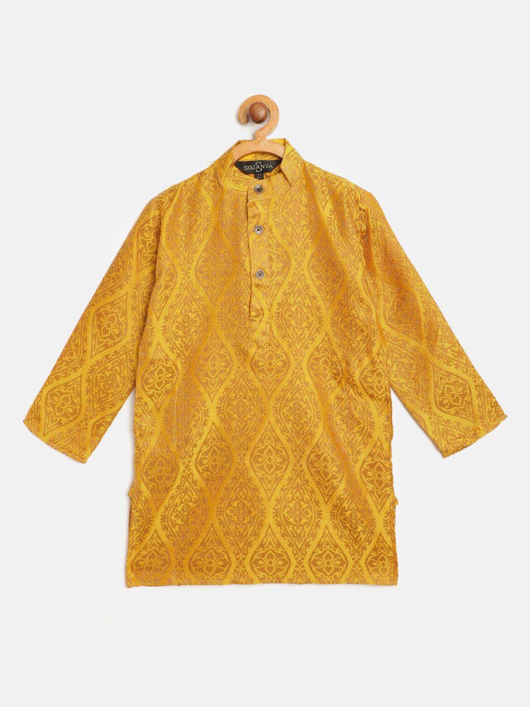 sojanya boys mustard & brown ethnic motifs woven design jacquard weave band collar kurta
