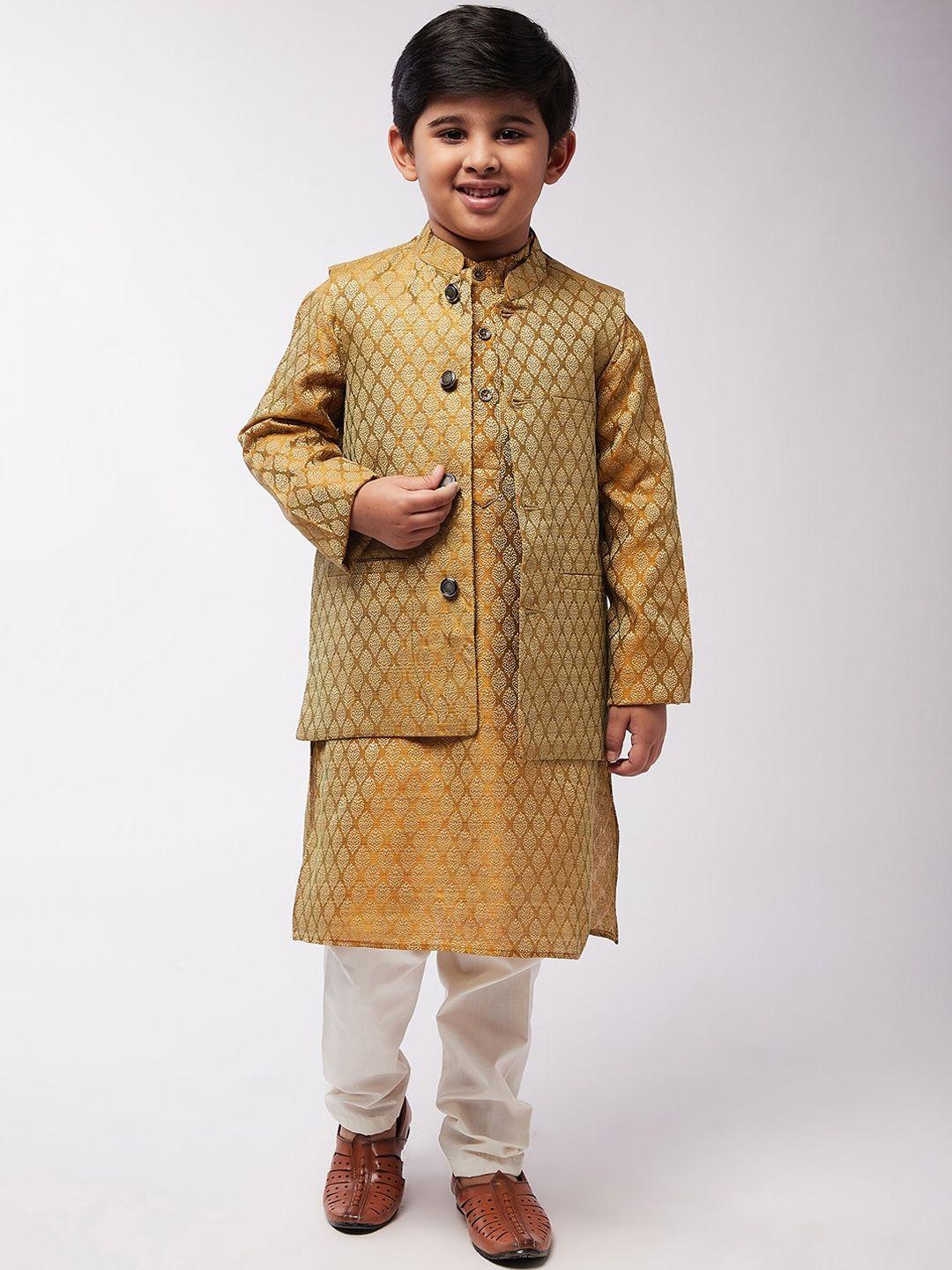 sojanya boys mustard yellow ethnic motifs kurta with churidar & nehru jacket