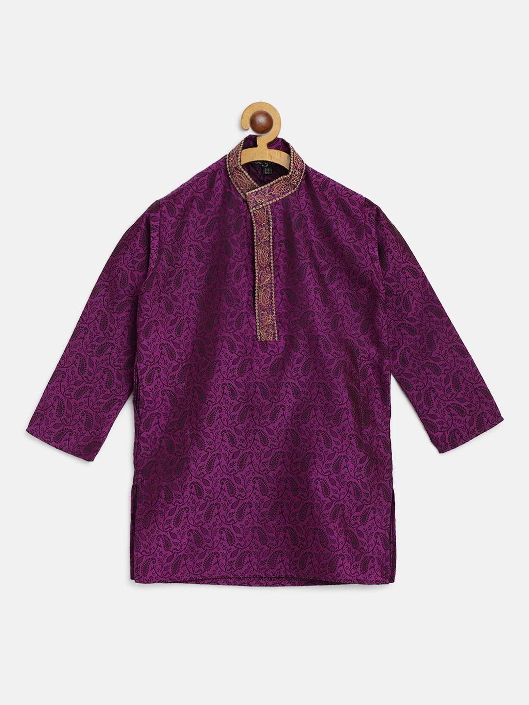sojanya boys purple & black woven design thread work band collar kurta