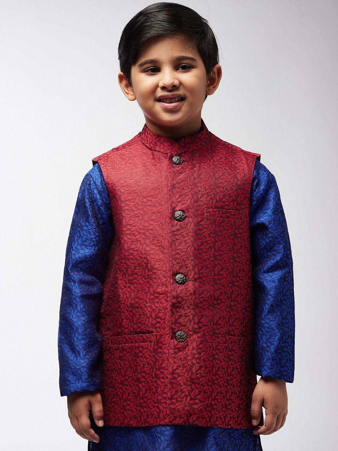 sojanya boys red woven design woven nehru jacket