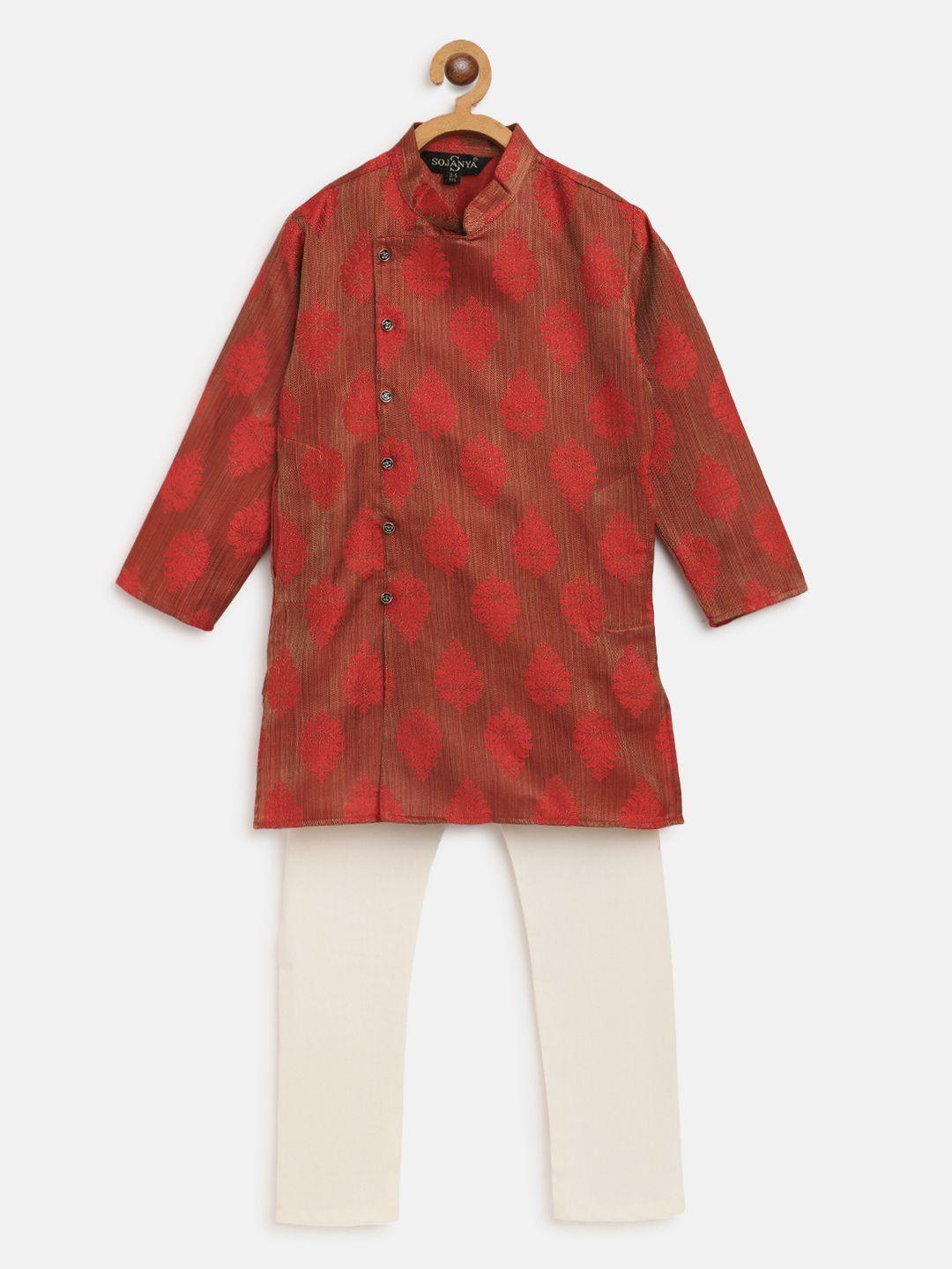sojanya boys rust brown & red ethnic patterned jacquard weave kurta with cotton pyjamas