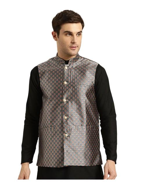 sojanya charcoal grey floral print nehru jacket