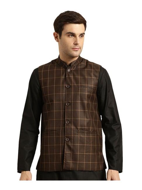 sojanya coffee brown & mustard checks nehru jacket