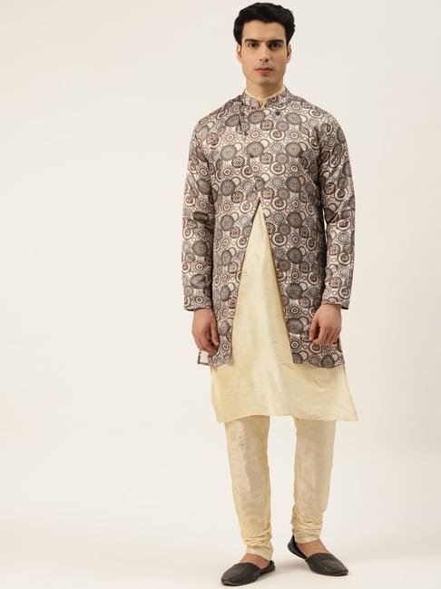 sojanya cream regular fit printed kurta set with jacket