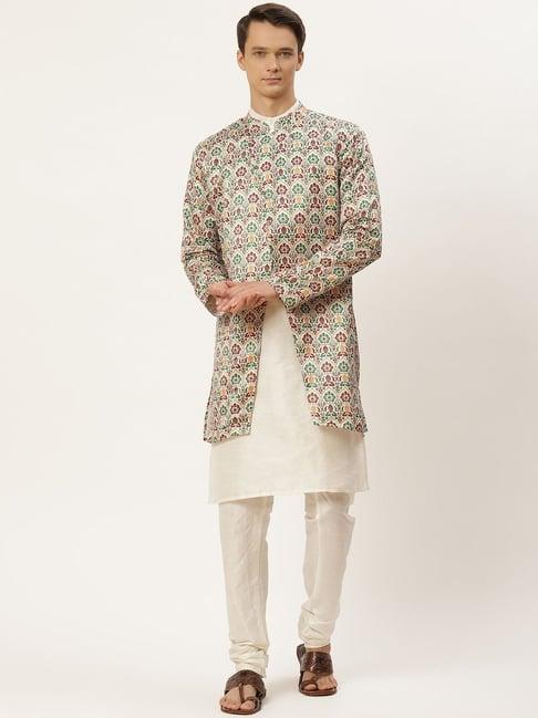 sojanya cream regular fit printed kurta set with jacket