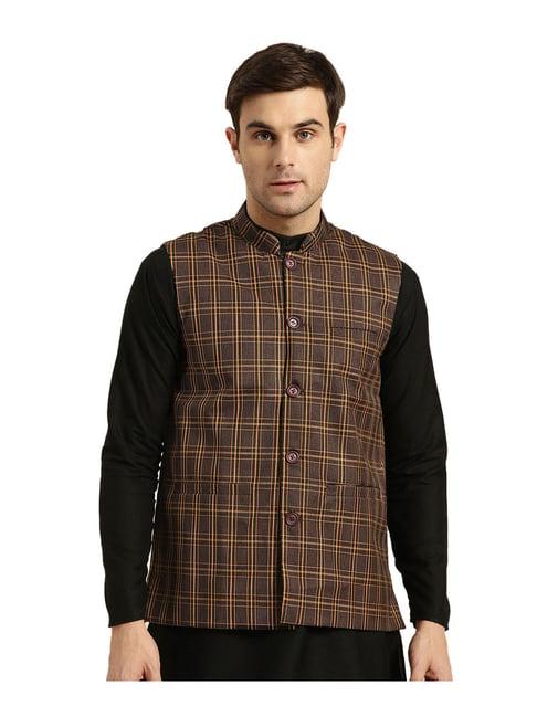 sojanya dark brown & mustard checks nehru jacket