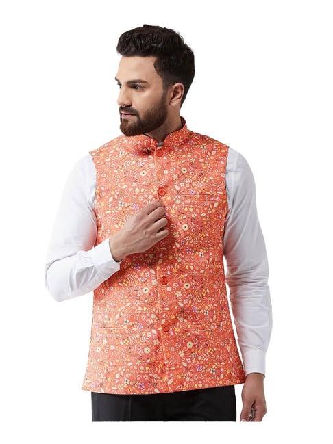 sojanya dark peach & yellow printed nehru jacket