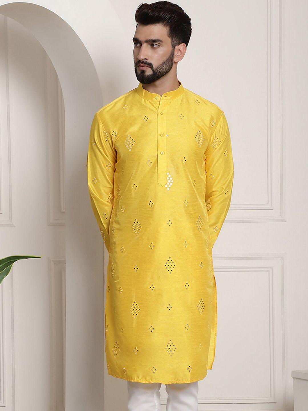 sojanya embellished mirror work detailed band collar cotton silk kurta