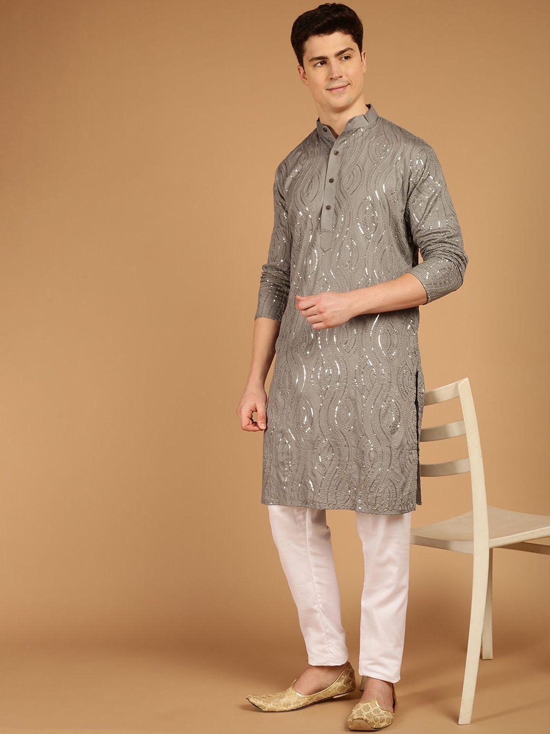 sojanya embroidered mandarin collar sequinned pure cotton kurta