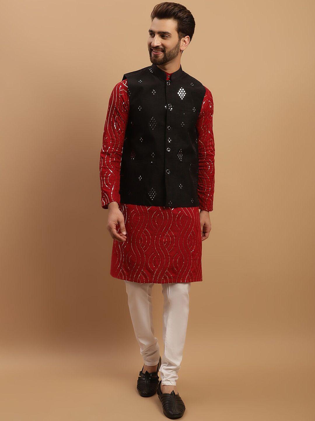 sojanya embroidered sequinned pure cotton kurta with churidar & embellished nehru jacket