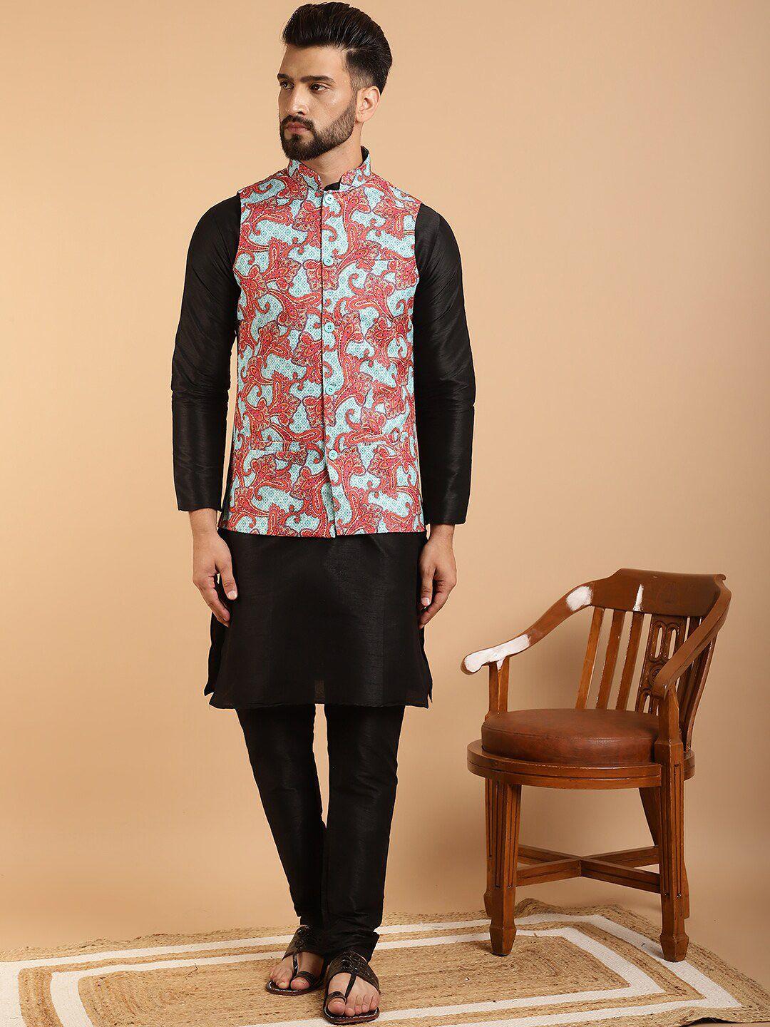 sojanya ethnic motif mandrain collar kurta with churidar & nehur jacket