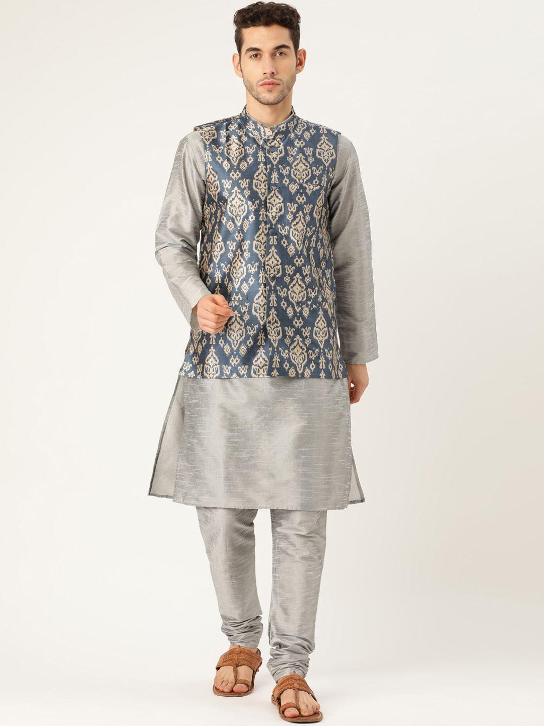 sojanya ethnic motif printed mandarin collar kurta with churidar & nehru jacket
