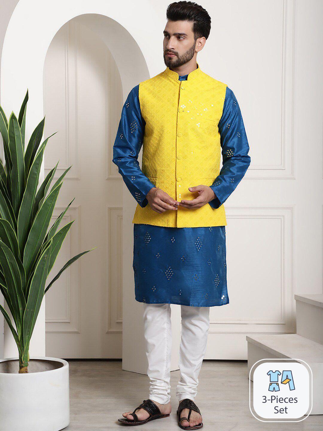 sojanya ethnic motifs embroidered mirror work straight kurta with churidar & nehru jacket