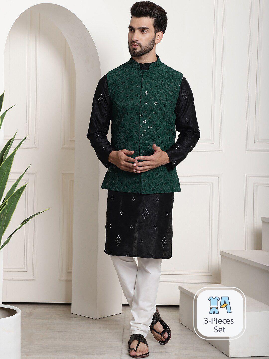 sojanya ethnic motifs embroidered regular mirror work kurta with pyjama & nehru jacket