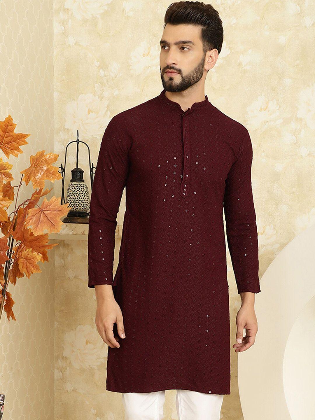 sojanya ethnic motifs embroidered sequinned long sleeves straight pure cotton kurta