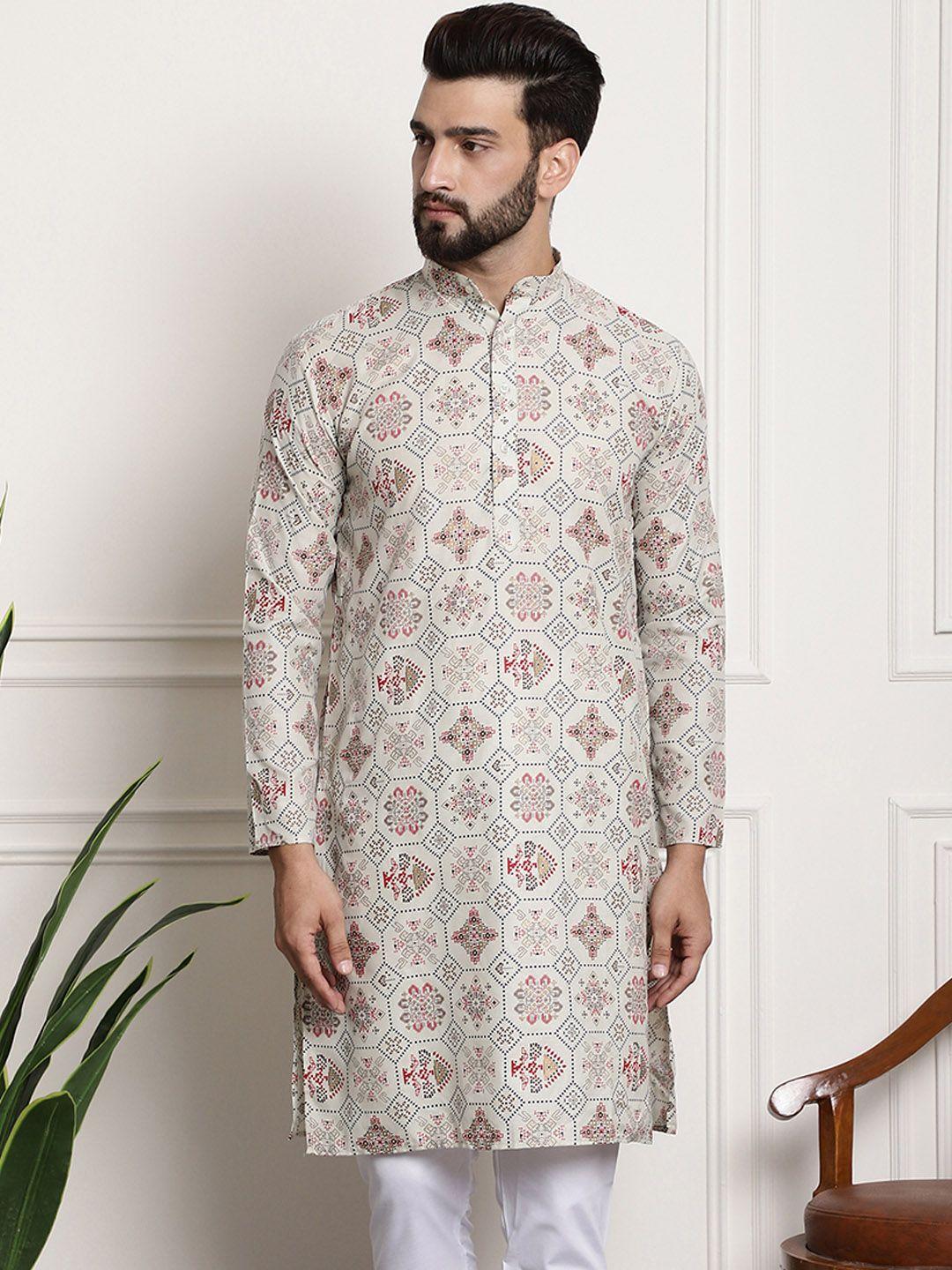 sojanya ethnic motifs printed mandarin collar cotton linen kurta