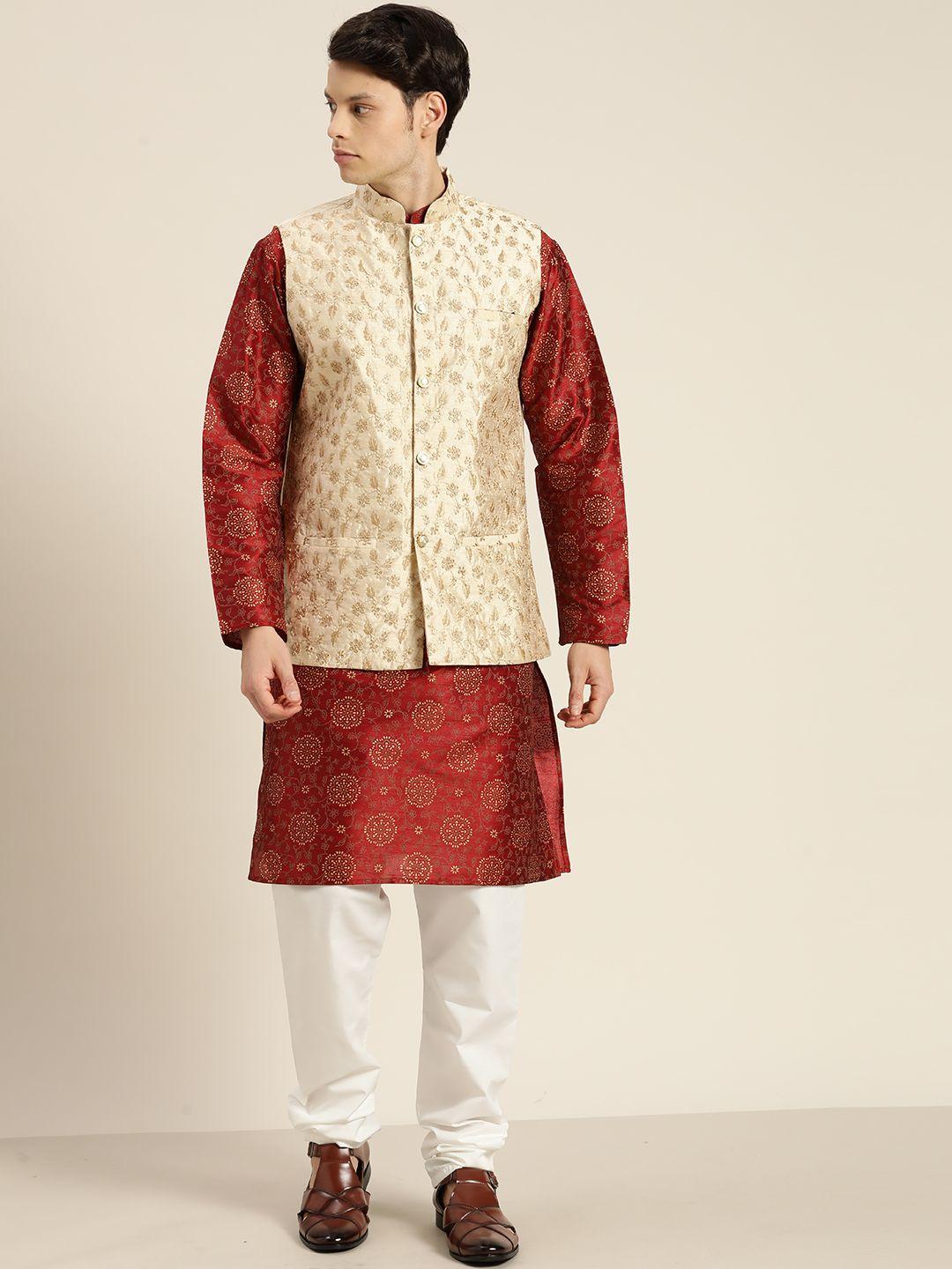 sojanya ethnic motifs printed regular kurta with churidar & with nehru jacket