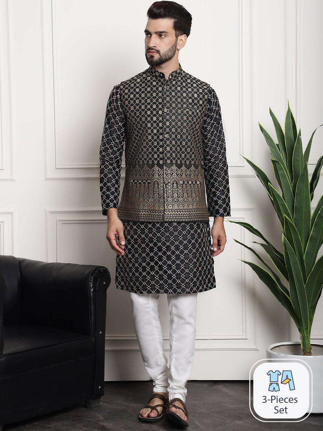 sojanya ethnic motifs woven design embroidered straight kurta & churidar with nehru jacket