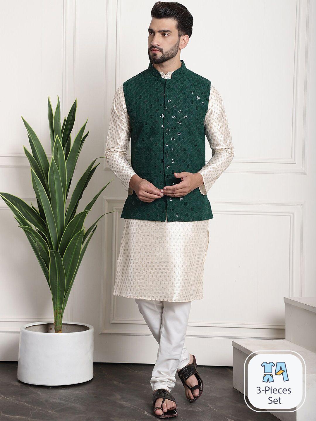 sojanya ethnic printed regular sequinned silk cotton kurta with churidar & nehru jacket
