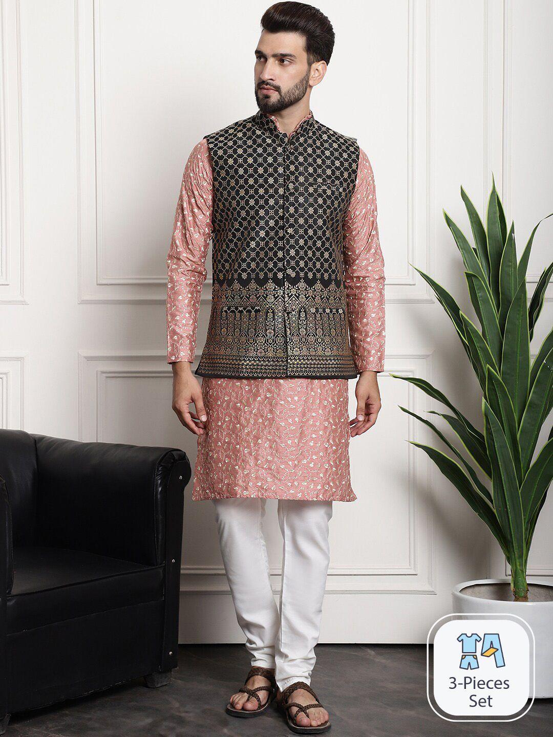sojanya floral embroidered thread work straight kurta with churidar & nehru jacket