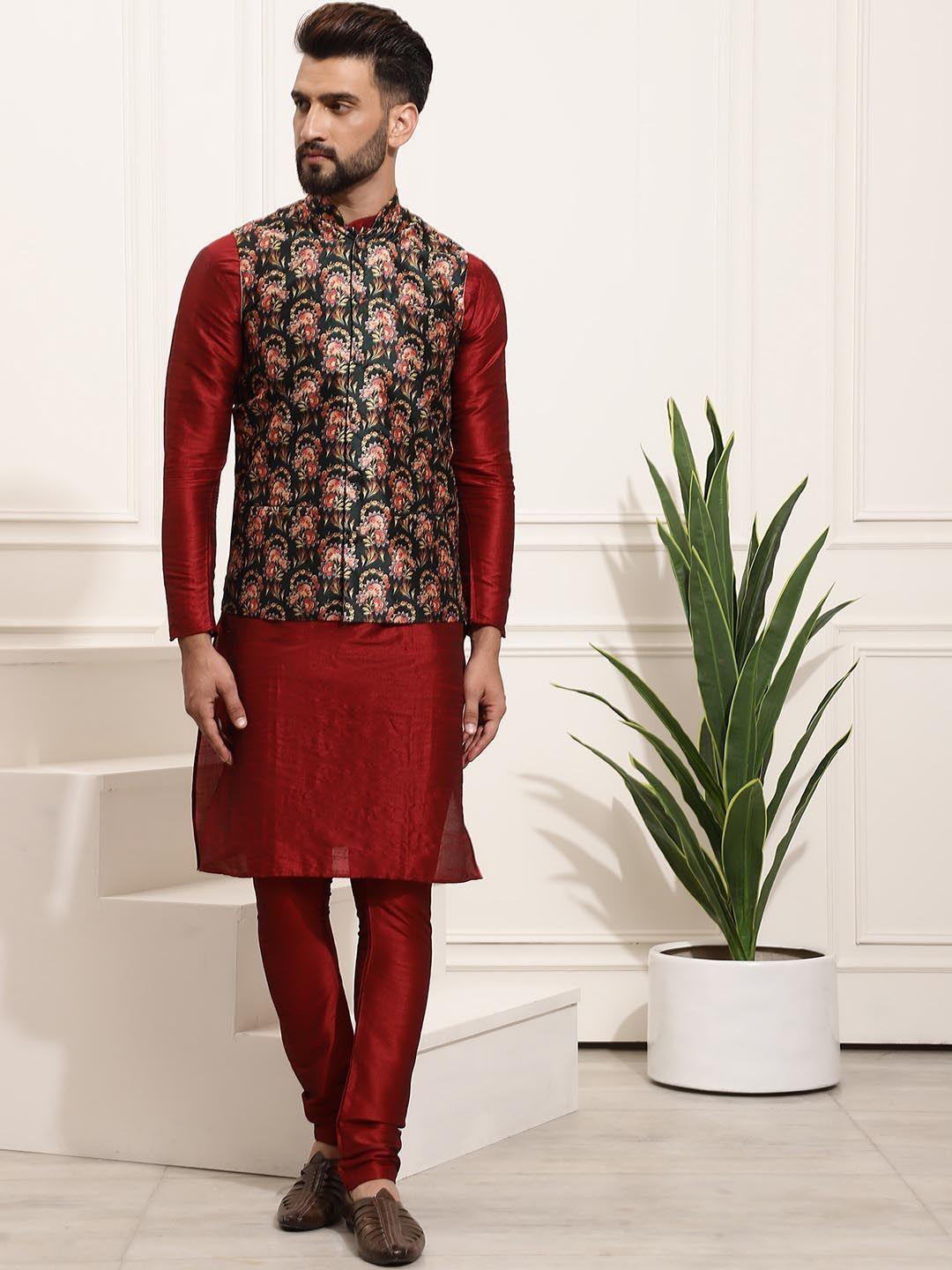 sojanya floral print mandrain collar kurta with churidar & nehur jacket