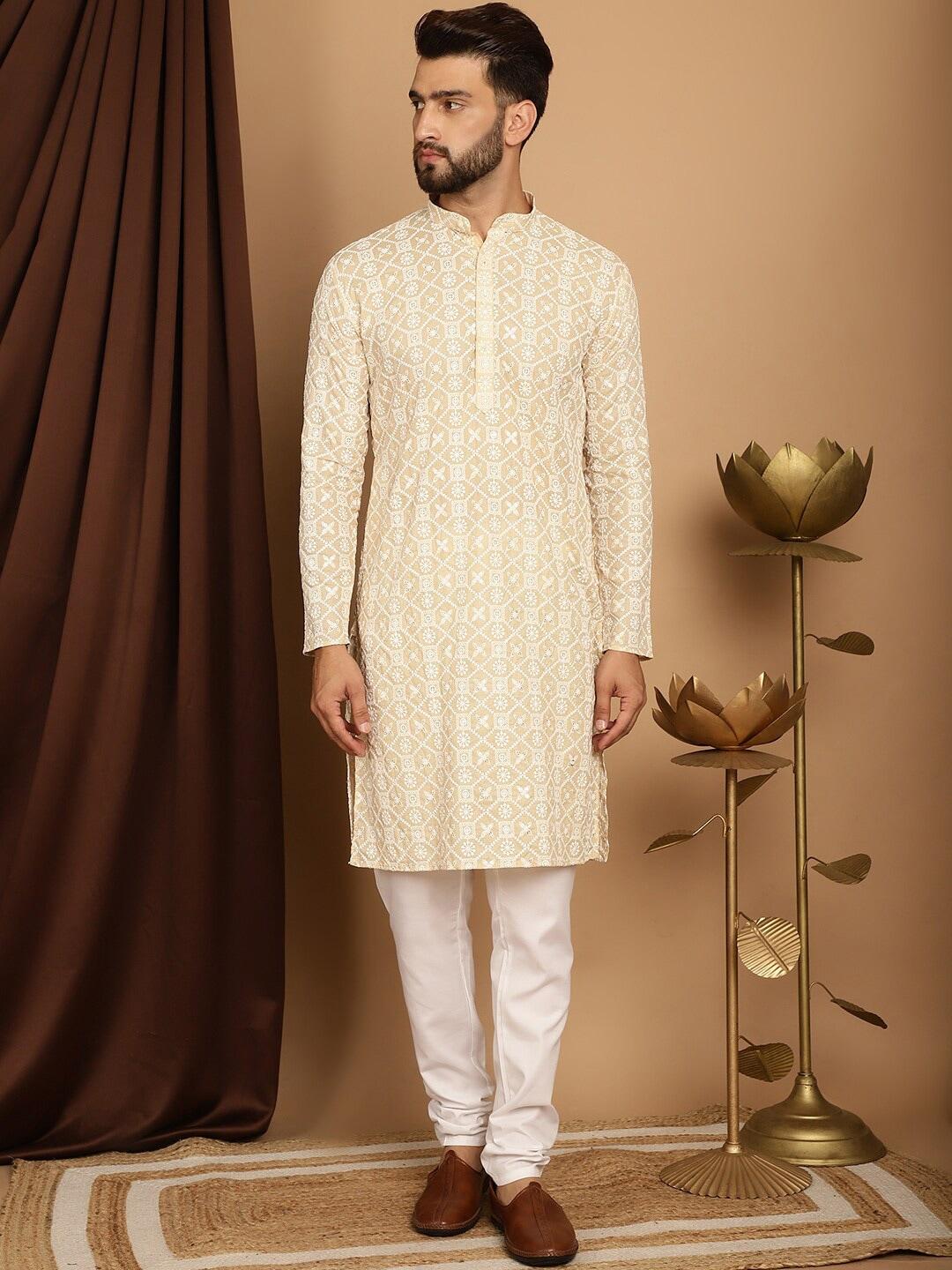 sojanya geometric embroidered band collar long sleeves pure cotton kurta with churidar