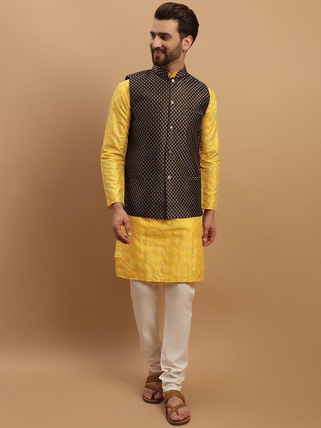 sojanya geometric embroidered regular kurta with churidar & nehru jacket