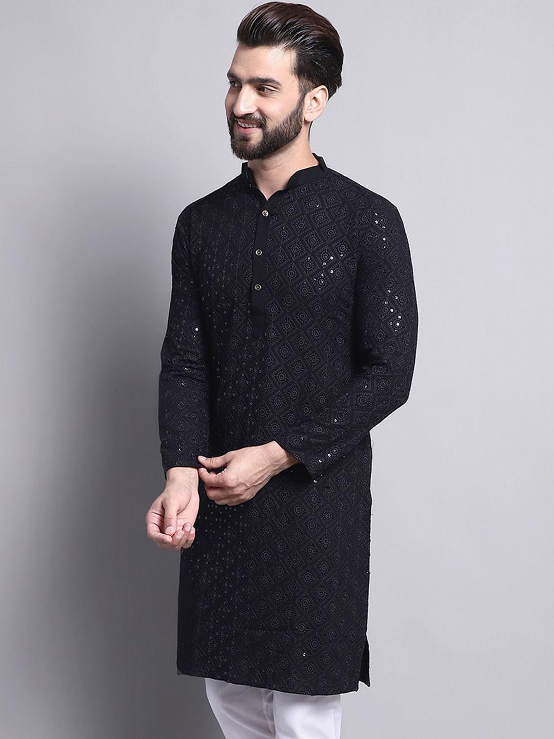 sojanya geometric embroidered sequence mandarin collar pure cotton kurta