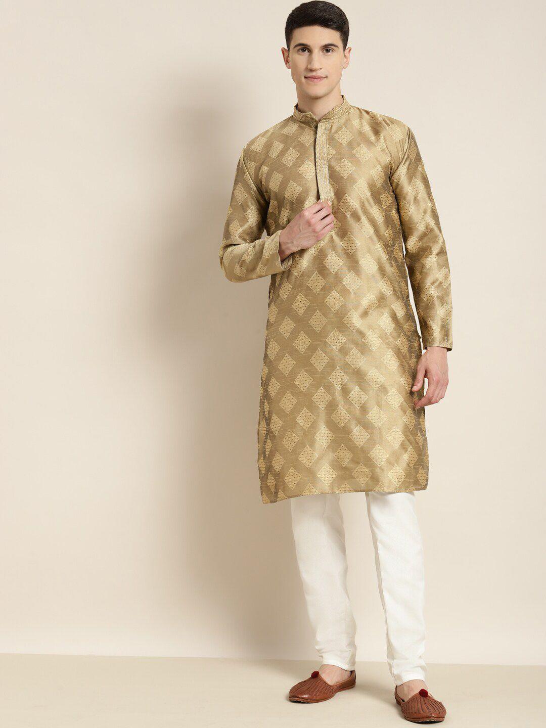 sojanya geometric woven design mandarin collar jacquard silk regular kurta with churidar