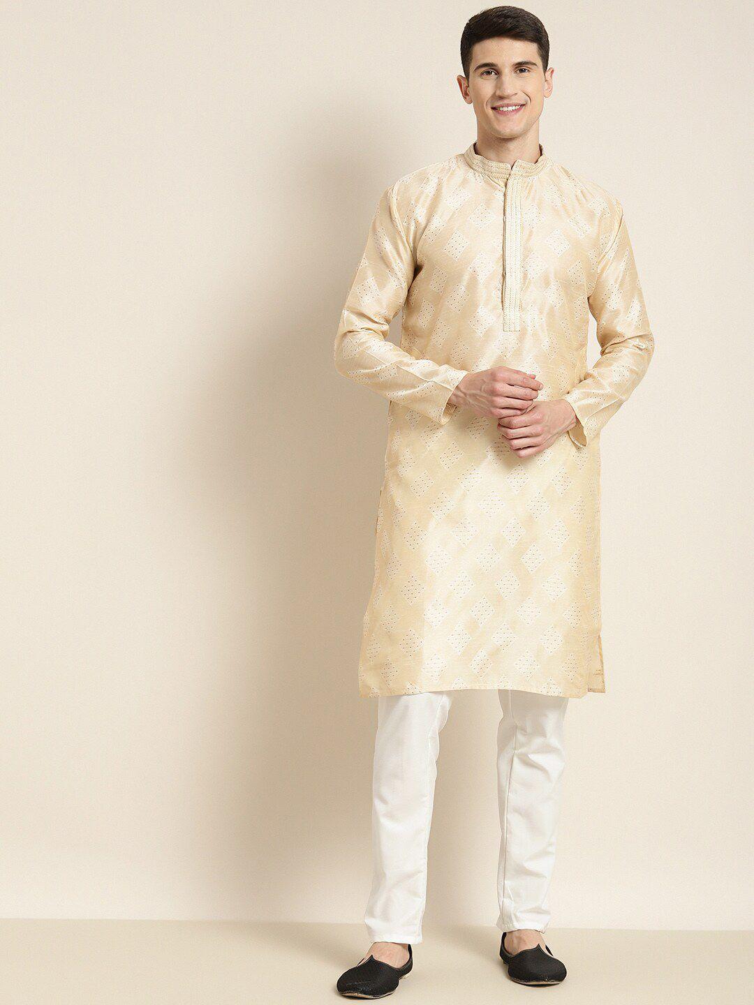 sojanya geometric woven design mandarin collar regular kurta with churidar