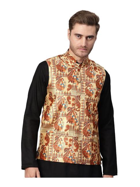 sojanya gold & brown paisley print nehru jacket