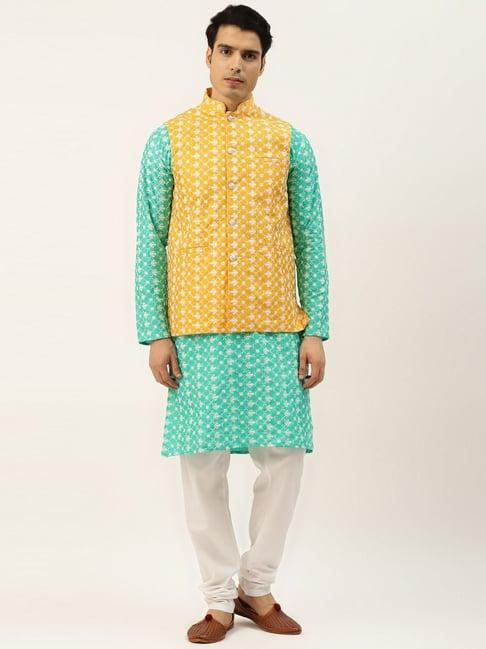 sojanya green regular fit embroidered kurta set with jacket