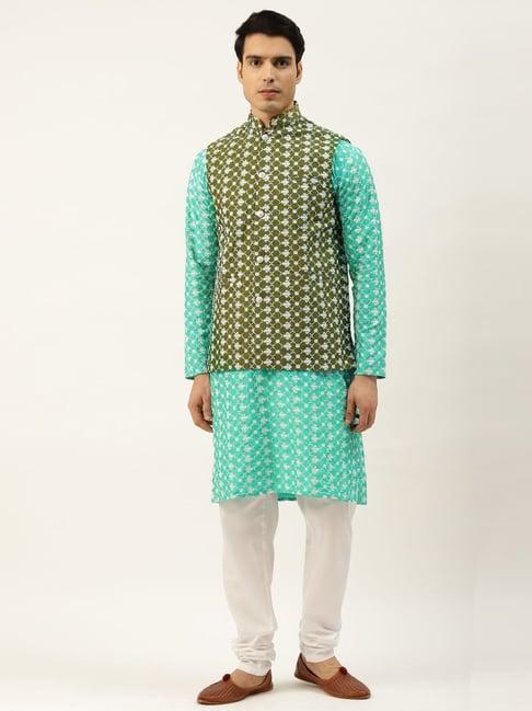 sojanya green regular fit embroidered kurta set with jacket