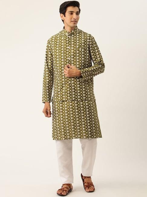 sojanya green regular fit embroidered kurta set with jacket