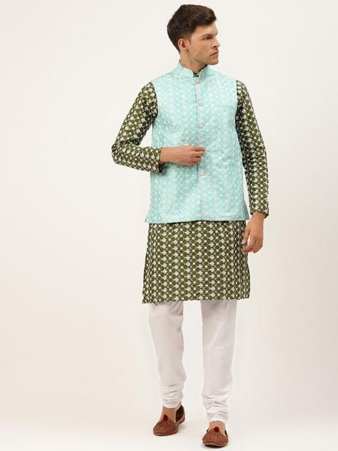 sojanya green regular fit embroidered kurta set with jacket