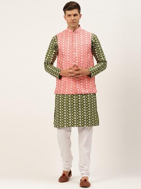 sojanya green regular fit embroidered kurta set with jacket