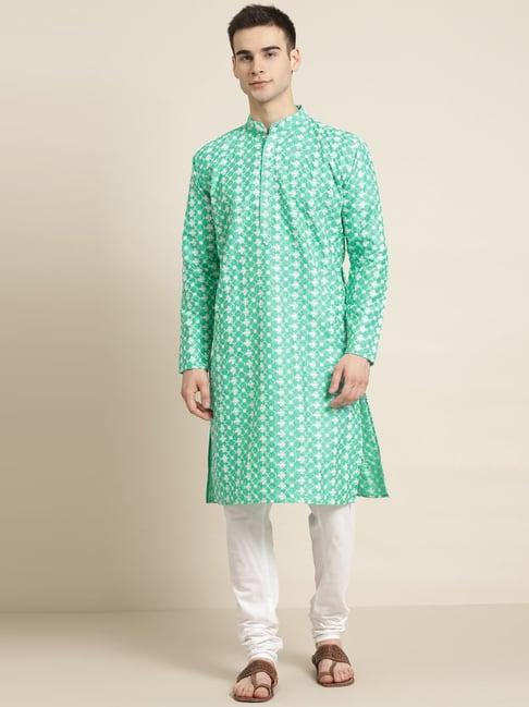 sojanya green silk blend regular fit embroidery kurta set