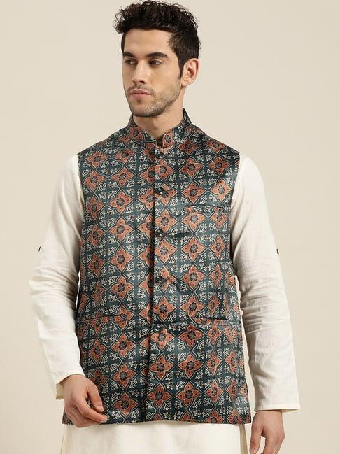 sojanya grey & orange comfort fit printed nehru jacket