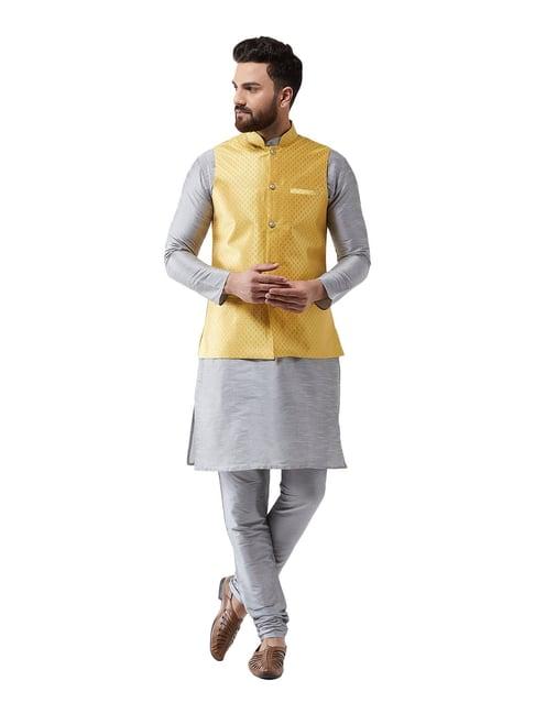 sojanya grey & yellow self print suit