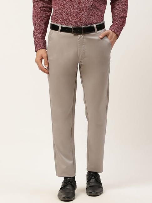 sojanya grey cotton regular slim fit flat front trousers