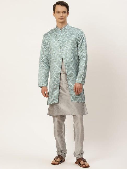 sojanya grey regular fit floral print kurta set with jacket