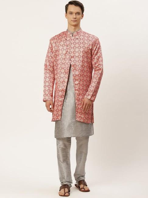 sojanya grey regular fit printed kurta set with jacket