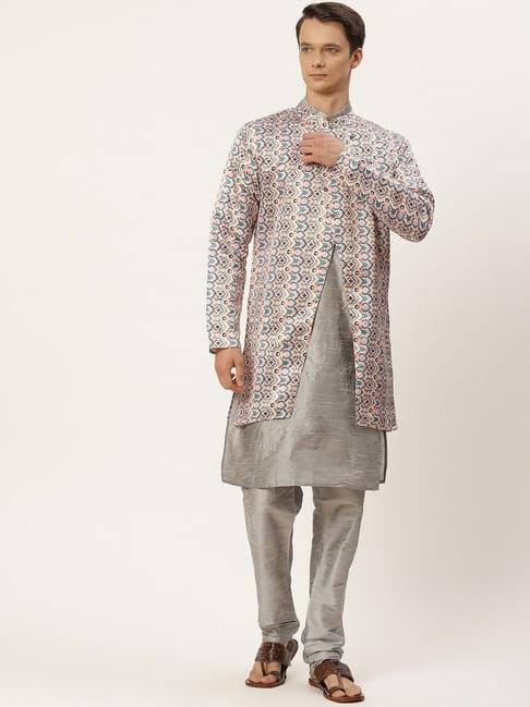 sojanya grey regular fit printed kurta set with jacket