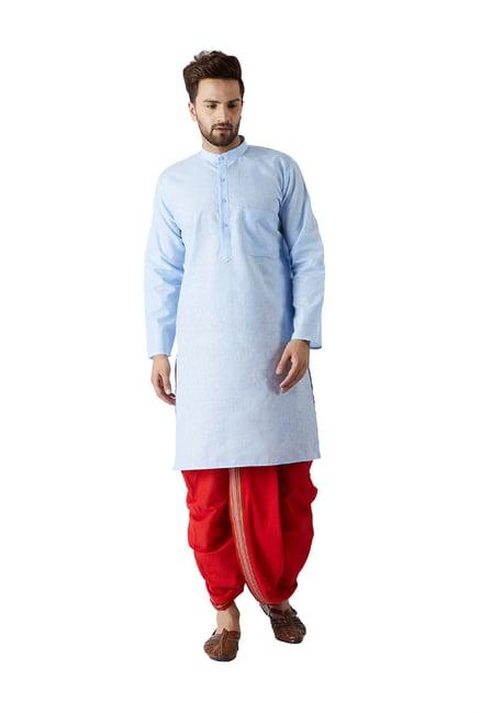 sojanya light blue & red regular fit kurta set